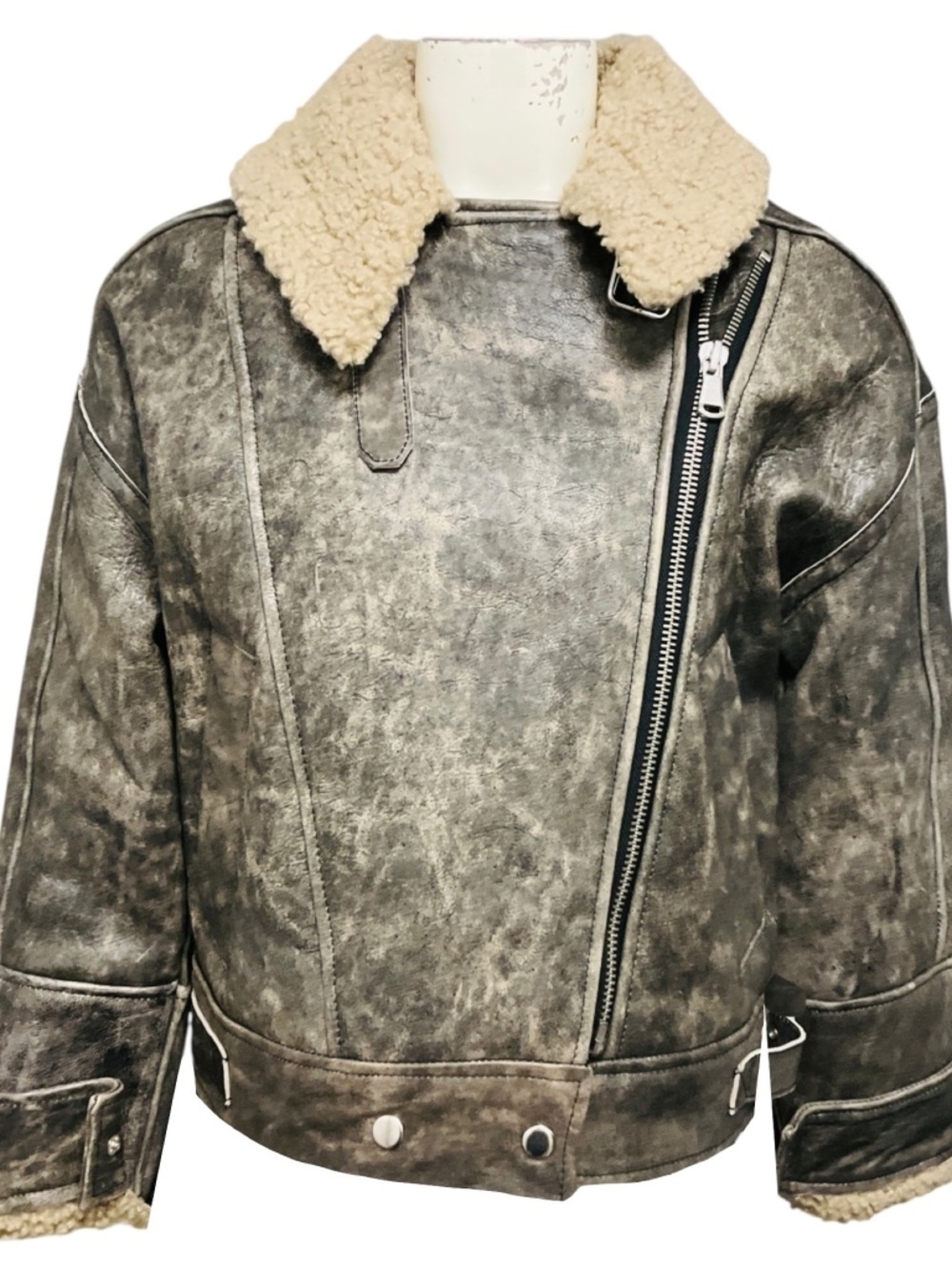 WALTER BAKER BLACK SAND / BEIGE RICHIE LEATHER JACKET WITH FAUX SHEARLING FUR LI